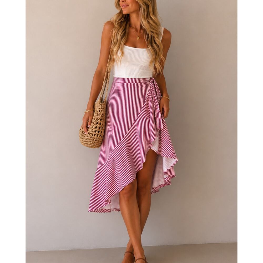 Wayf Pink White Plaid Ruffled High Low Skirt Womens S Faux Wrap Coquette Mini